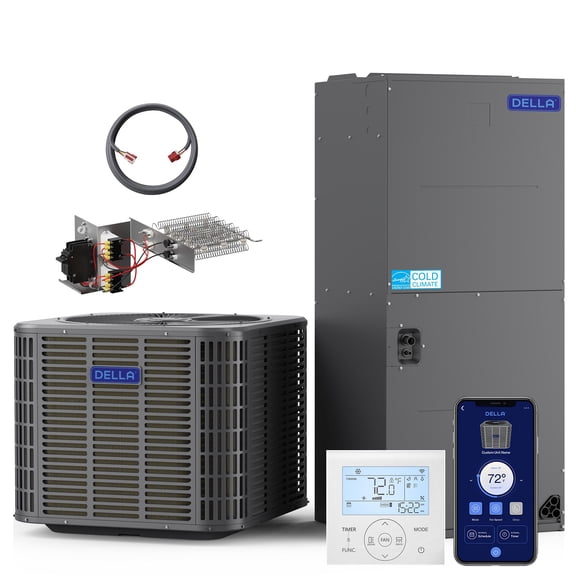 DELLA 47,000 BTU Ducted Central AC with Air Handler, Heat Pump Inverter System, 18 SEER2 230V, Wired Controller, Two-Stage Compressor, Pre-Charged, Alexa & Wifi Control, 20kW Heat Kit