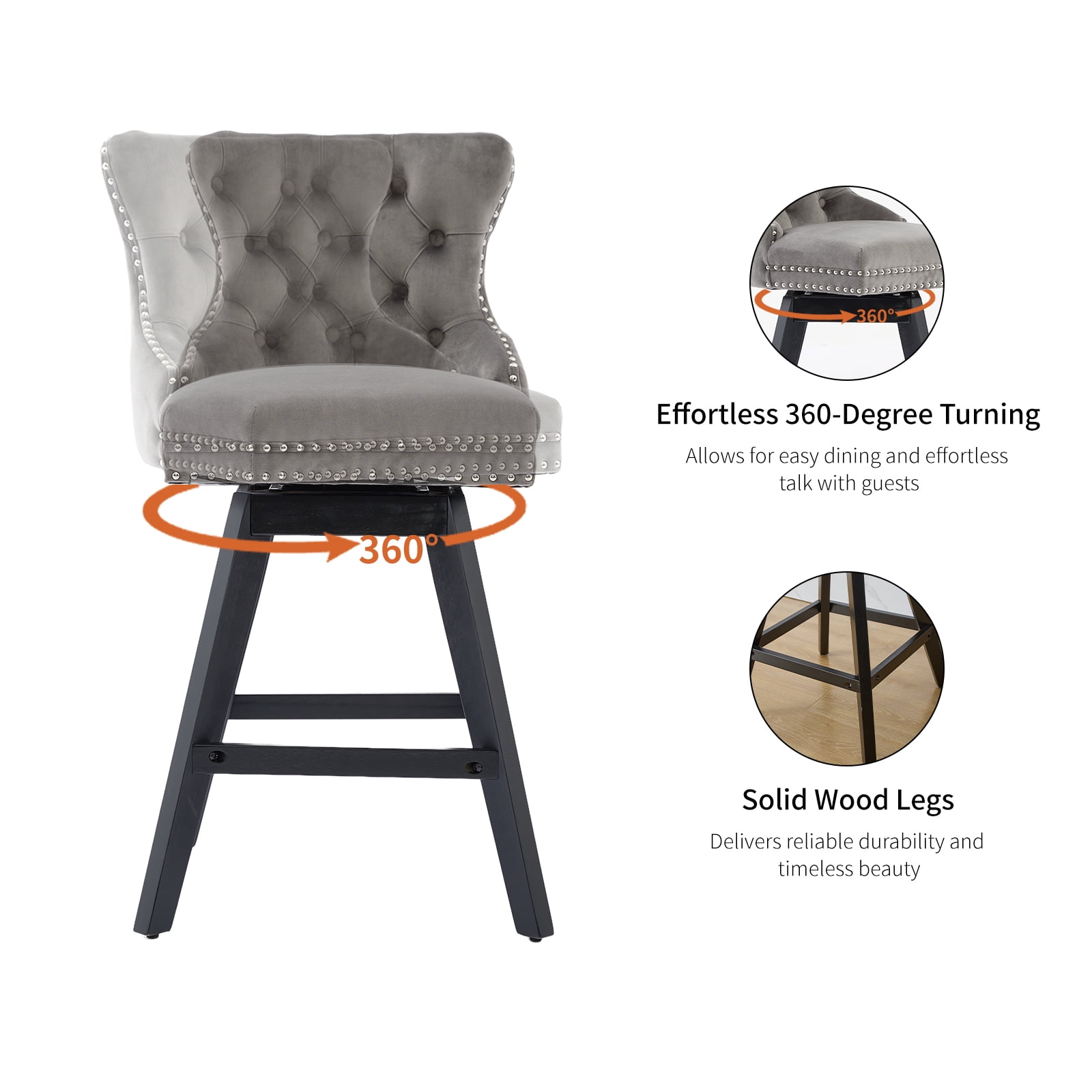 Modern Swivel Bar Stools Set of 4, Grey Counter Height Bar Stools with Back for Kitchen Island, Velvet Upholstered Island Chairs with Wood Legs, Barstool Chairs, Sillas para Barra de Cocina