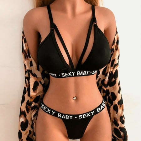 YEJIMAN Sexy Lingerie for Women Letters Printed Bralette and Panty Set 2 Piece Lingerie Sets  Black Lace Underwear For Women  Spandex Tummy Control Underwear For Women