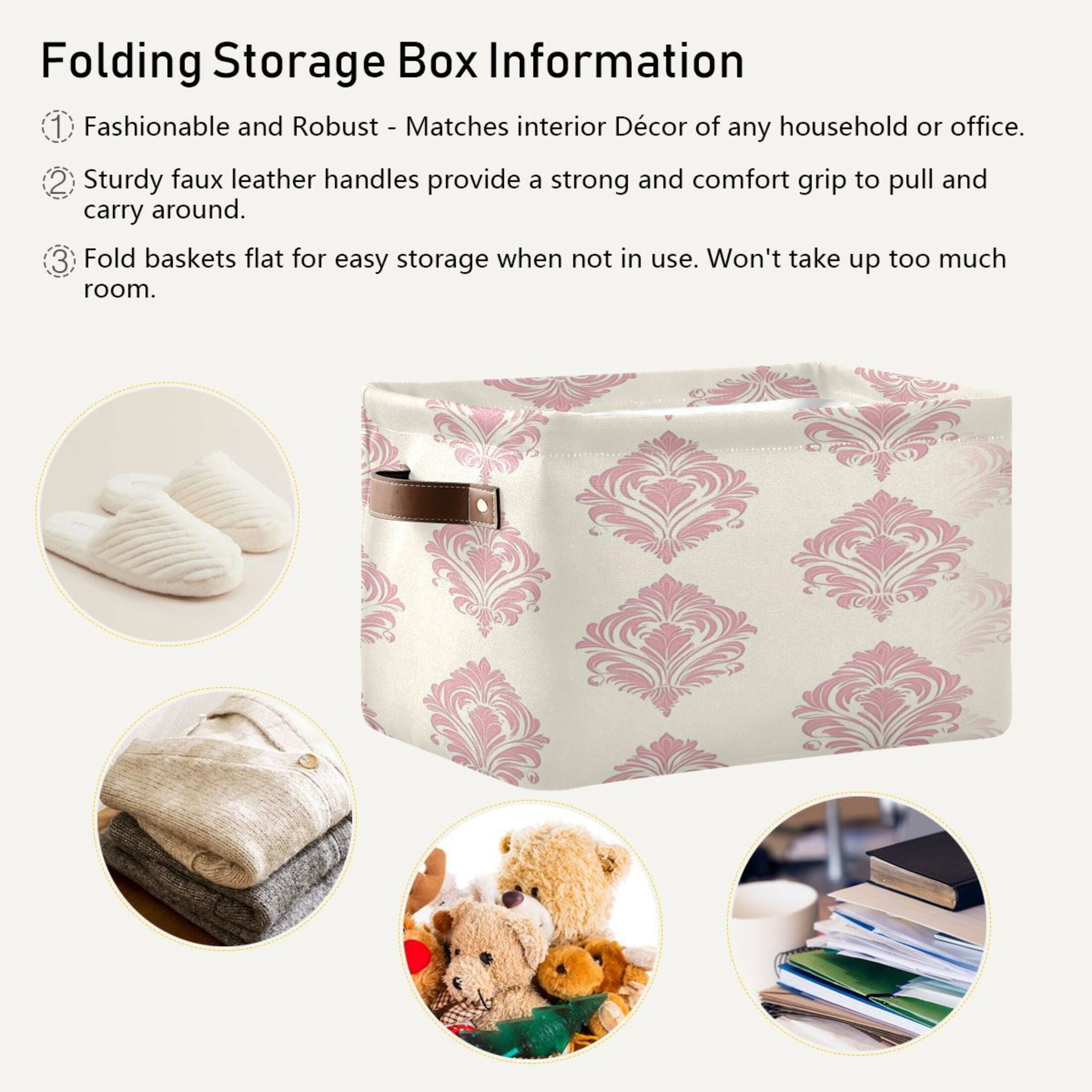 Cream Vintage Pattern Foldable Storage Basket,Canvas Fabric Foldable Storage Bins with Handles Open Home Storage Bins Boxes for Toy Book Shelf Closet Baskets