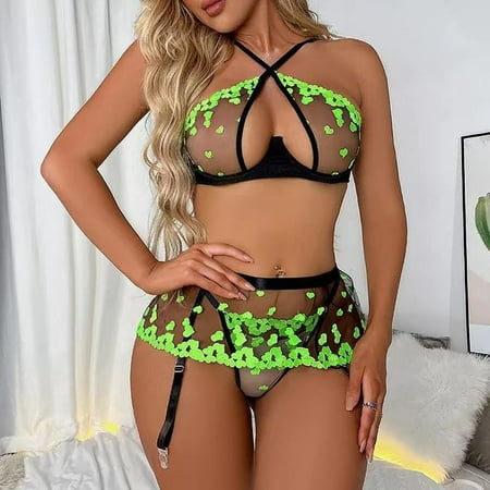 

Sexy Lingerie Plus Size Sexy Pajamas Womens Exotic Transparent Mesh with Love Embroidery Costumes 3 Piece Pajama Set for Women
