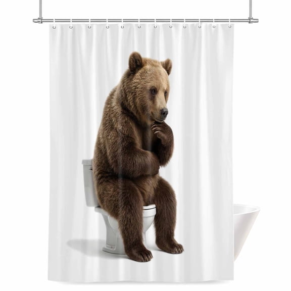 Bear Sitting on The Toilet Thinking Shower Curtain, Abstract Funny Animal Waterproof Shower Curtain Set with 12 Hooks Lightweight Bath Curtains Fabric Bathroom Decor 72x78 Inches