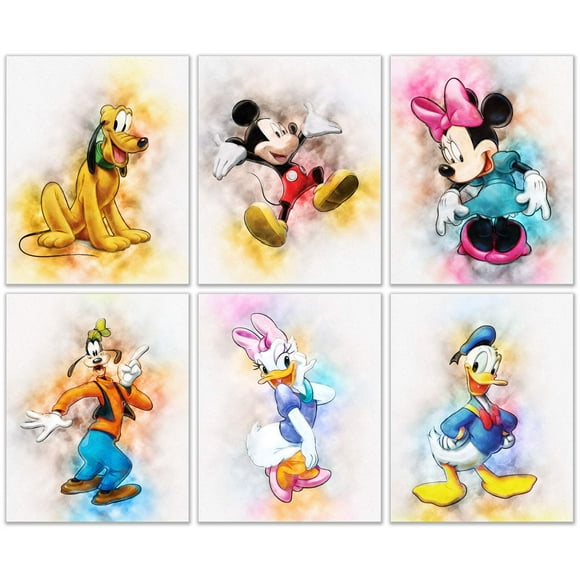 Set de estampados decorativos de pared con acuarela de Mickey Mouse para habitación infantil, 6 unidades