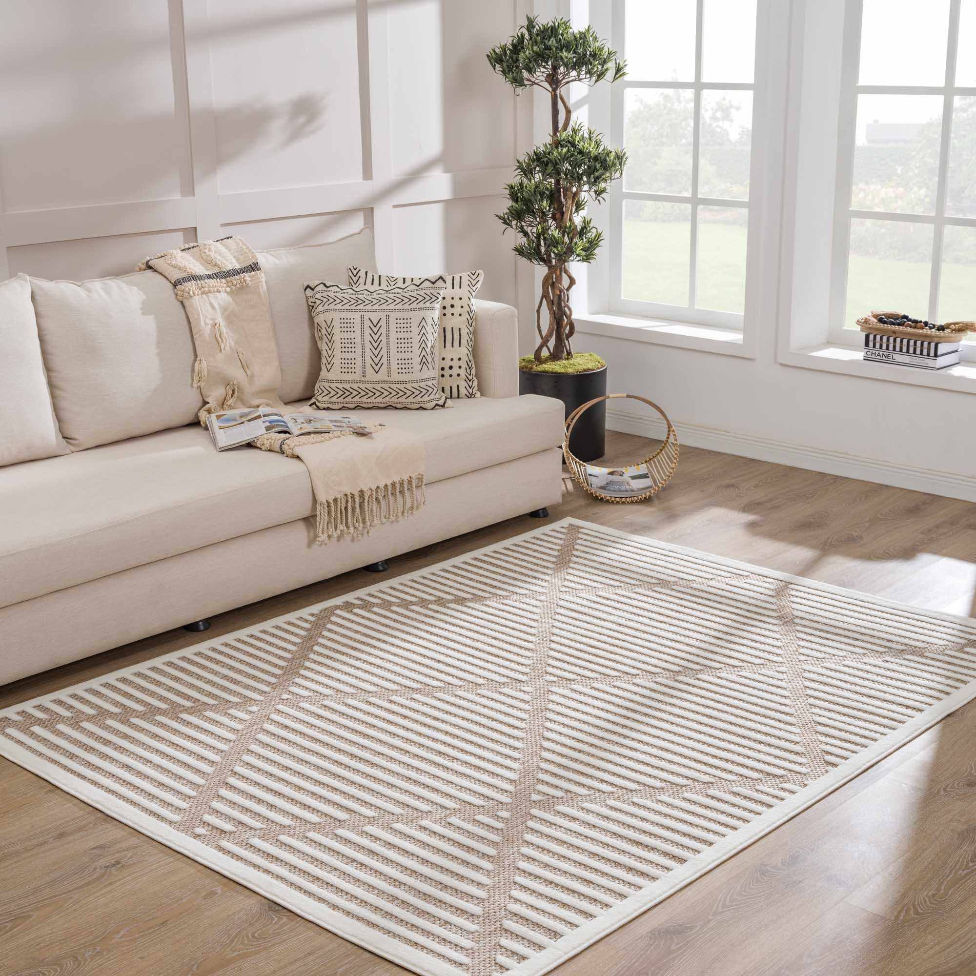 BoutiqueRugs Anah Geometric Indoor Outdoor Rug - Boho High Low Textured Area Rug - Performance Carpet for Porch, Patio, Living Room - High Traffic - Taupe, Beige - 6'7" x 9' (6x9)