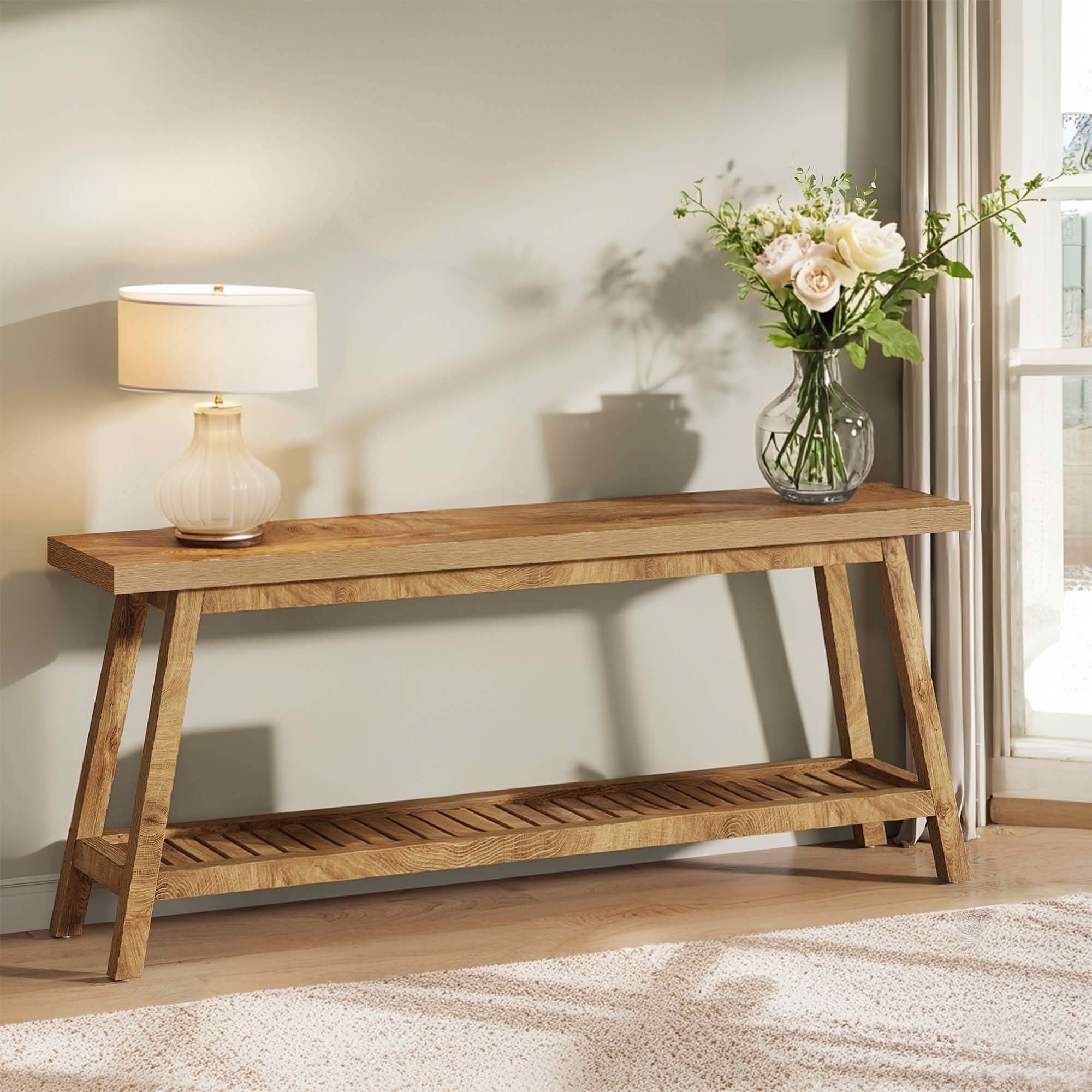 MAYEERTY 70.9" Farmhouse 2-Tier Console Table, Vintage Wood Trapezoid Heavy Base Entryway Sofa Table