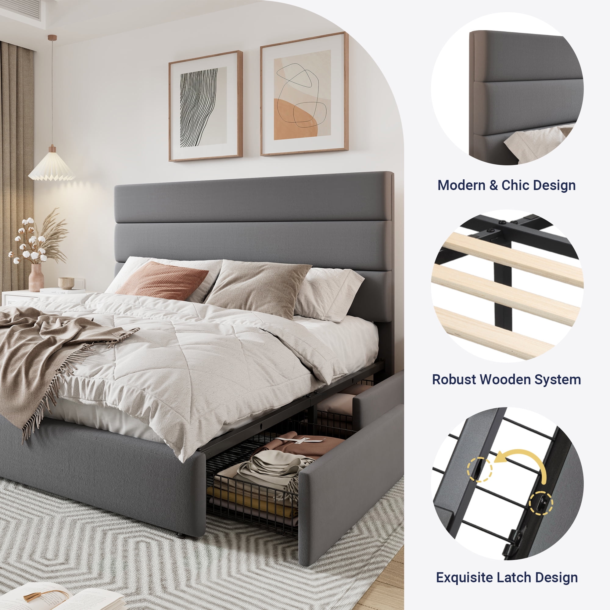 Allewie Modern Queen Size Platform Bed Frame with 4 Storage Drawers and Velvet Upholstered Headboard, Wooden Slats Support, Grey