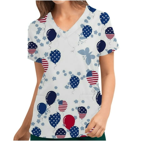 

4th of July Shirts for Women American Flag V Neck Short Sleeve Nurse Working Uniform Scrub Tops