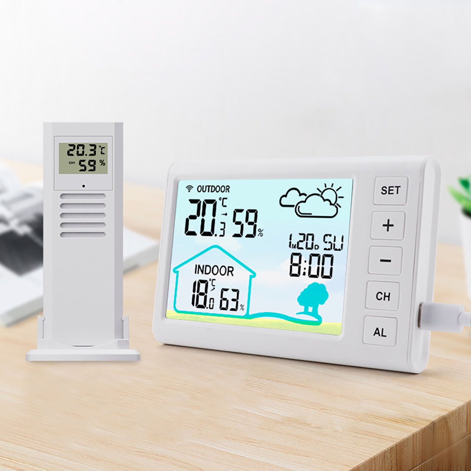 Riousery Wireless Weather Station Indoors Outdoors Temperature Humidity Display Clock Alarm with Adjustable Backlight, 5.3x3.3 inches / 13.5x8.4 cm