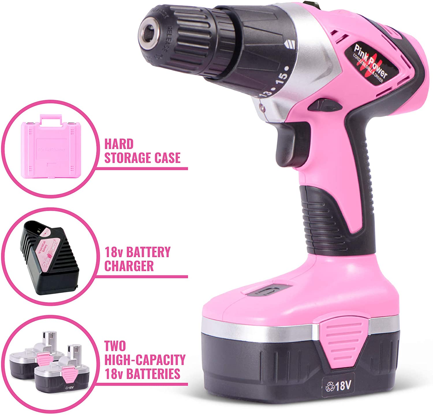 Pink Power Cordless Drill Set for Women - 18V Electric Drill Driver with Tool Case, Batteries, Charger & Drill Bit Set - image 5 of 6