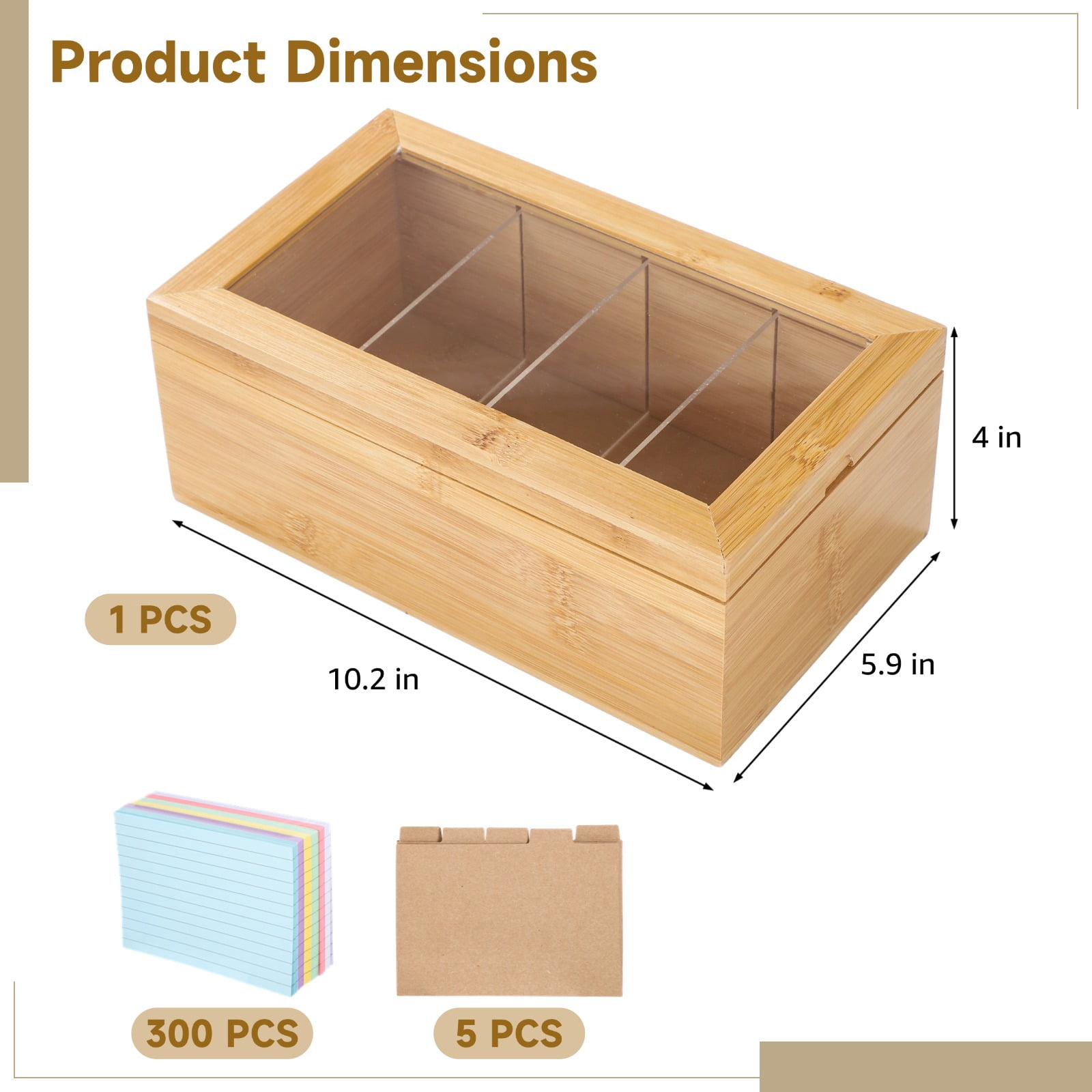 Wooden Index Card Organizer with Lid for Notes Business Card Recipes, Storage Box with Removable Dividers, Includes Kraft Paper Tabs and Colorful Cards