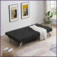 thumbnail image 2 of Modern Black Faux Linen Futon Sofa Bed with Solid Wood Frame & Stainless Steel Legs for Living Room Bedroom, 2 of 15