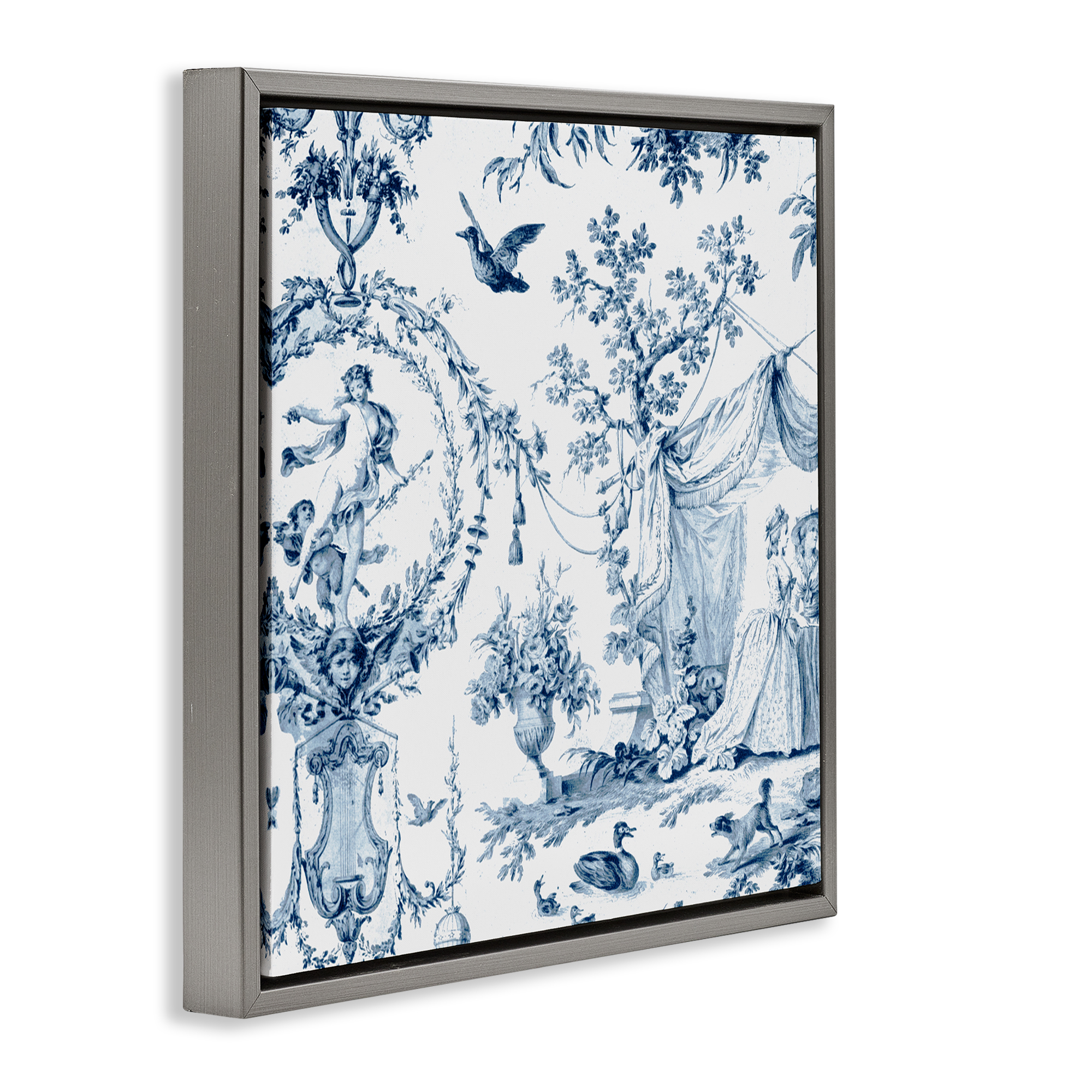 Classic Toile Scene Gray Framed Floater Canvas Wall Art, design by Vintage Hustle