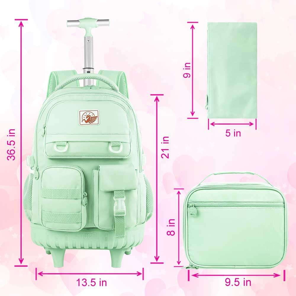 AGSDON Rolling Backpack for Girls Women, 21 inch Roller Wheels School Bookbag, Wheeled Suitcase Backpacks with Lunch Bag for Teen - Green