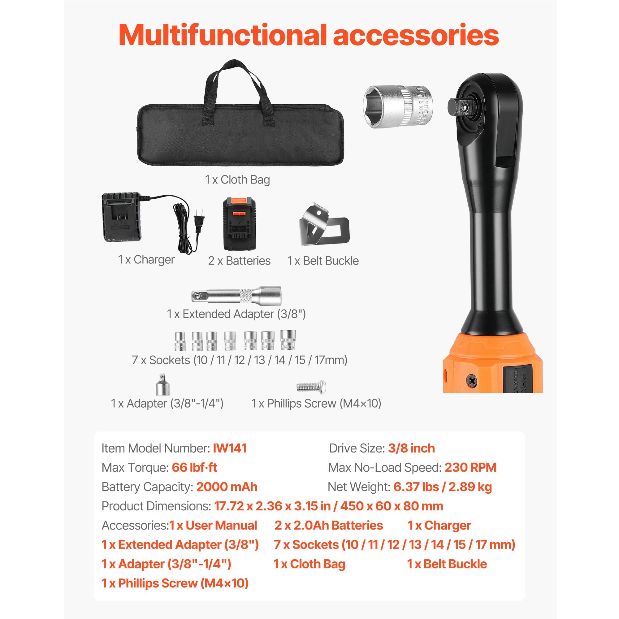 Cordless Ratchet Wrench 3/8" with 66 ft-lbs Torque, 230 RPM, Dual 2000mAh Batteries, LED Light, for Automotive Mechanical Work