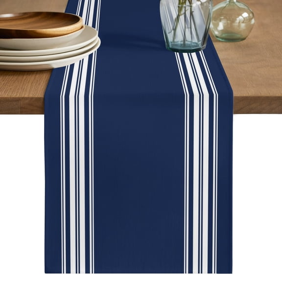 Table Runners 120 Inches Long Dress Scarves, Navy Blue Striped Farmhouse Coffee/Dining/Kitchen Table Decor Table Runner for Living Room, Farmhouse White Stripes Aesthetics 13x120 Inch