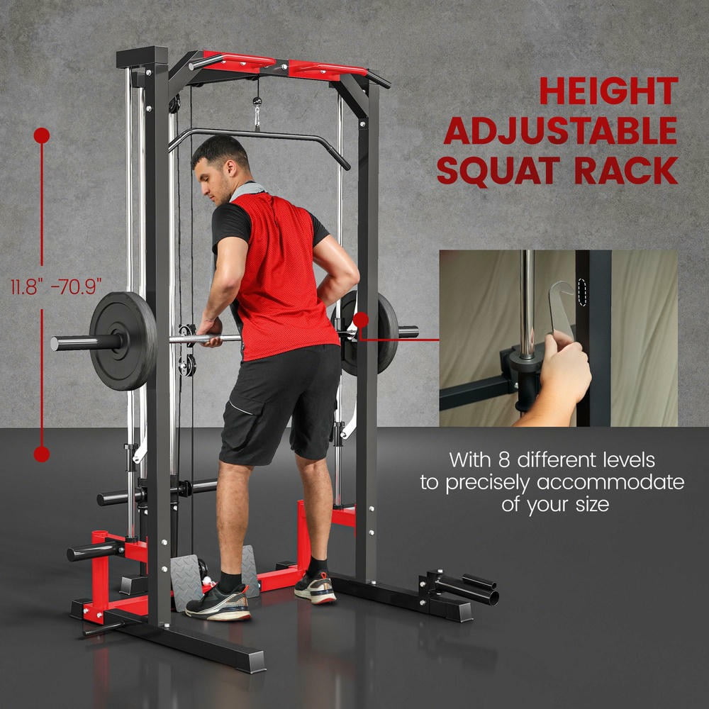 Kadyn Dumbbell Racks with Pull Up Bar, Lat Pull Down System and Landmine, Adjustable Squat Rack for Home Gym, Black, Red