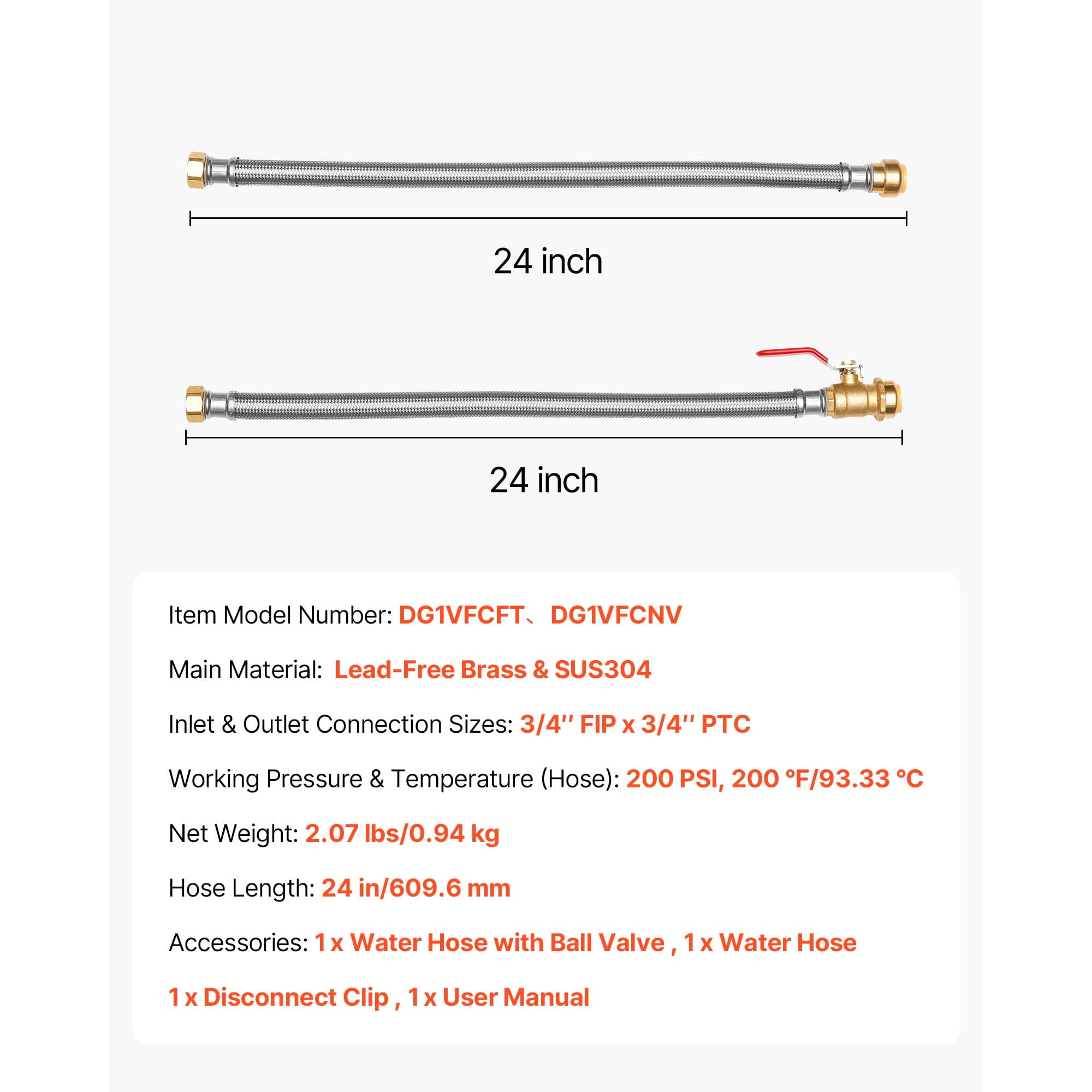 KFFKFF Water Heater Kit with Push-Fit Valve, Flexible Connector and 3/4" FIP x 3/4" PTC Ball Valve, Stainless Steel Braided Supply Line for Bathroom, Kitchen, and Laundry Use