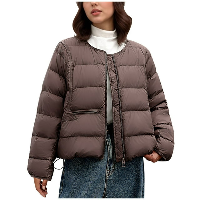 Women's Drawstring Hem Puffer Round Neck Short Quilted Jacket Lightweight Loose Fit Winter Warm Casual Street Style with Pockets