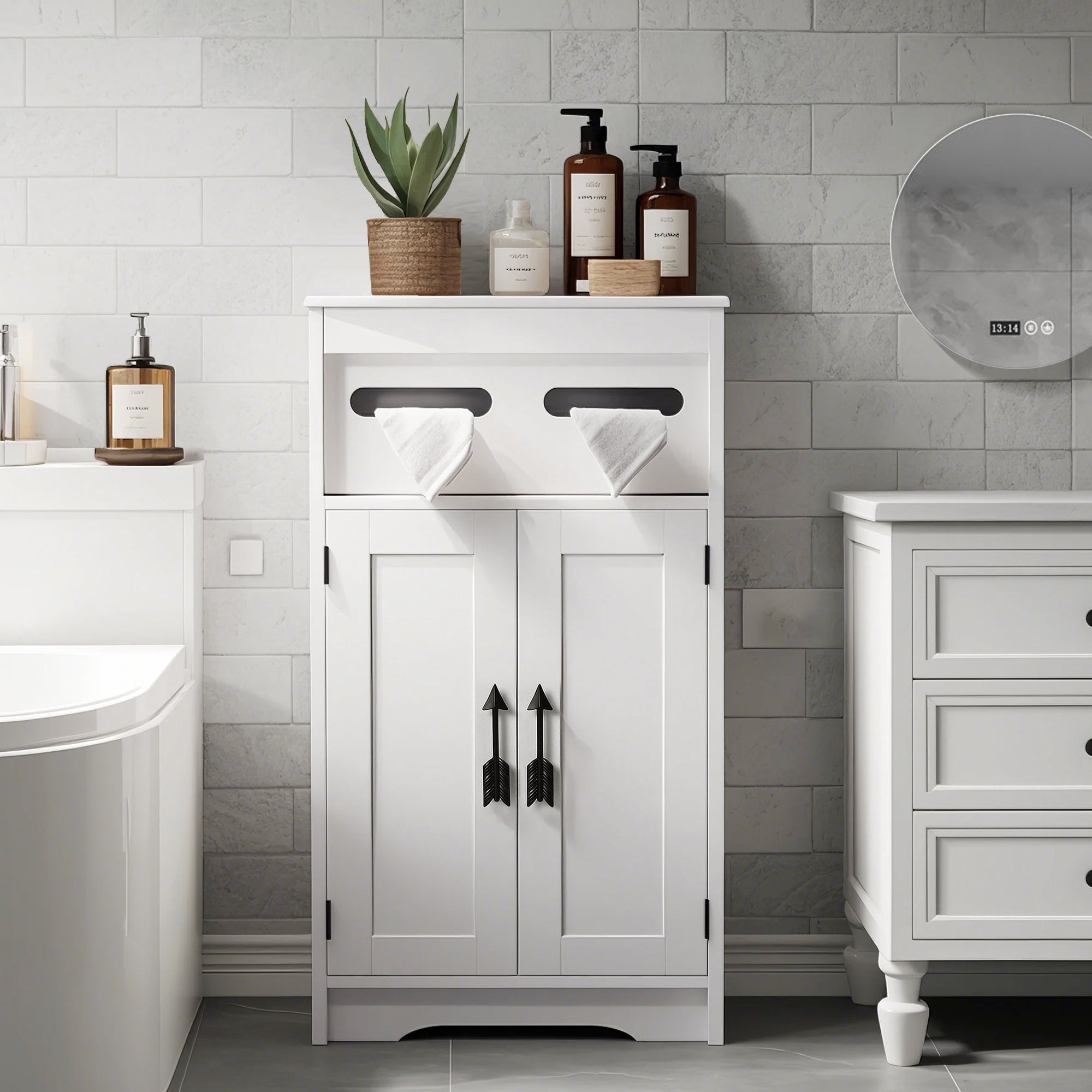 VECELO Bathroom Storage Cabinet, Wooden Floor Cabinet with 2 Doors & Toilet Paper Storage, Accent Cabinet for Living Room,Bedroom, Kitchen, White