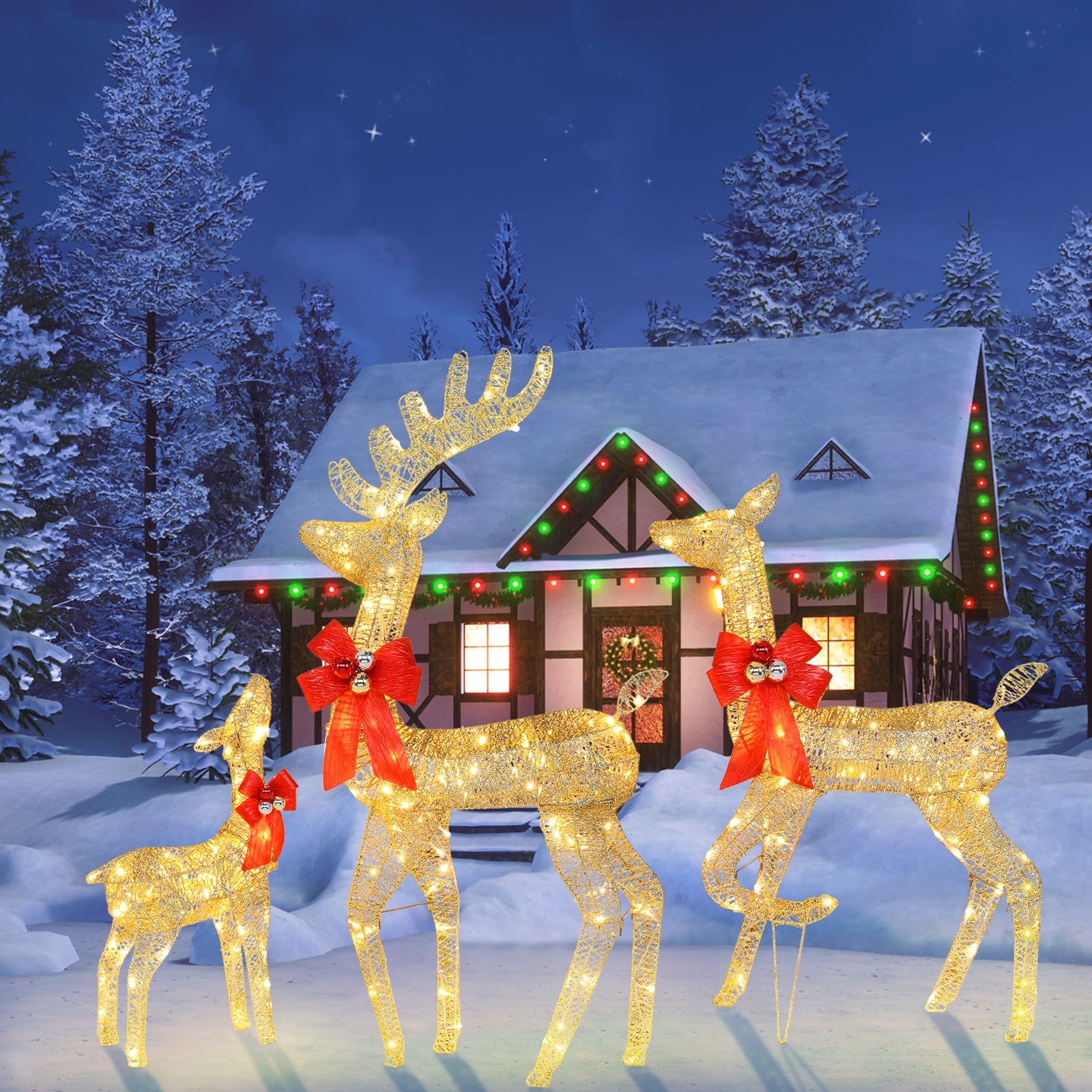 Astoutdoor Golden Iron Frame 3-Piece Family Elk Decoration with Lights