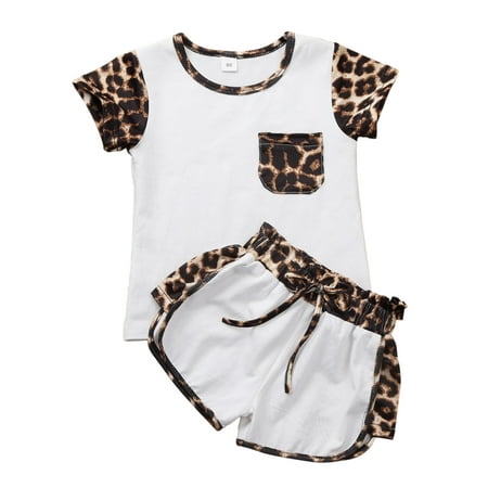 

Toddler Baby Girl Leopard Print Shorts Set Short Sleeve T-shirt Top with Drawstring Shorts 2pcs Outfit