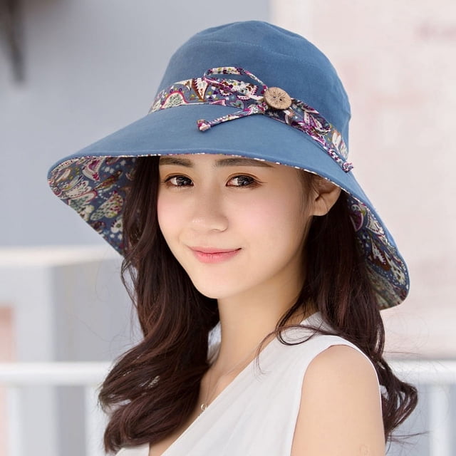 Harhinhe Sombrero para mujer - 1 sombrero de algodón de ala ancha - Gorra plegable reversible para viajes de verano en la playa
