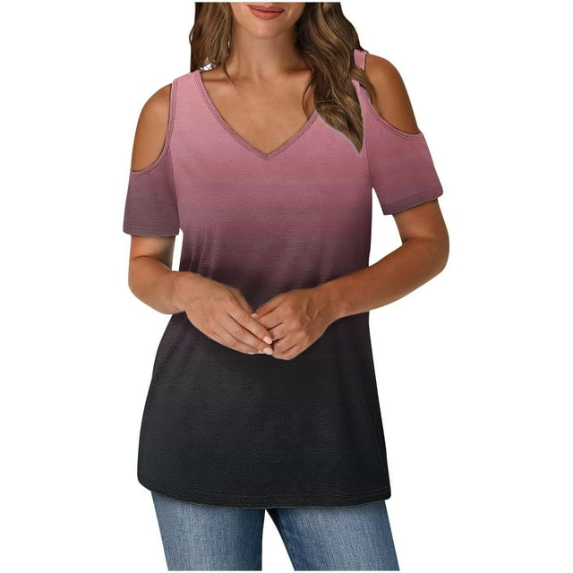 Tops de Algodón para Mujeres Gradiente Impreso Manga Corta Cuello en V Fuera Del Hombro, Top de Moda para el Uso Diario