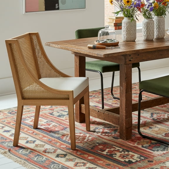 GOMYHOME Mid-Century Modern Cane Back Dining Chair set of 2 - Natural Wood Side Chair w/ Upholstered Seat