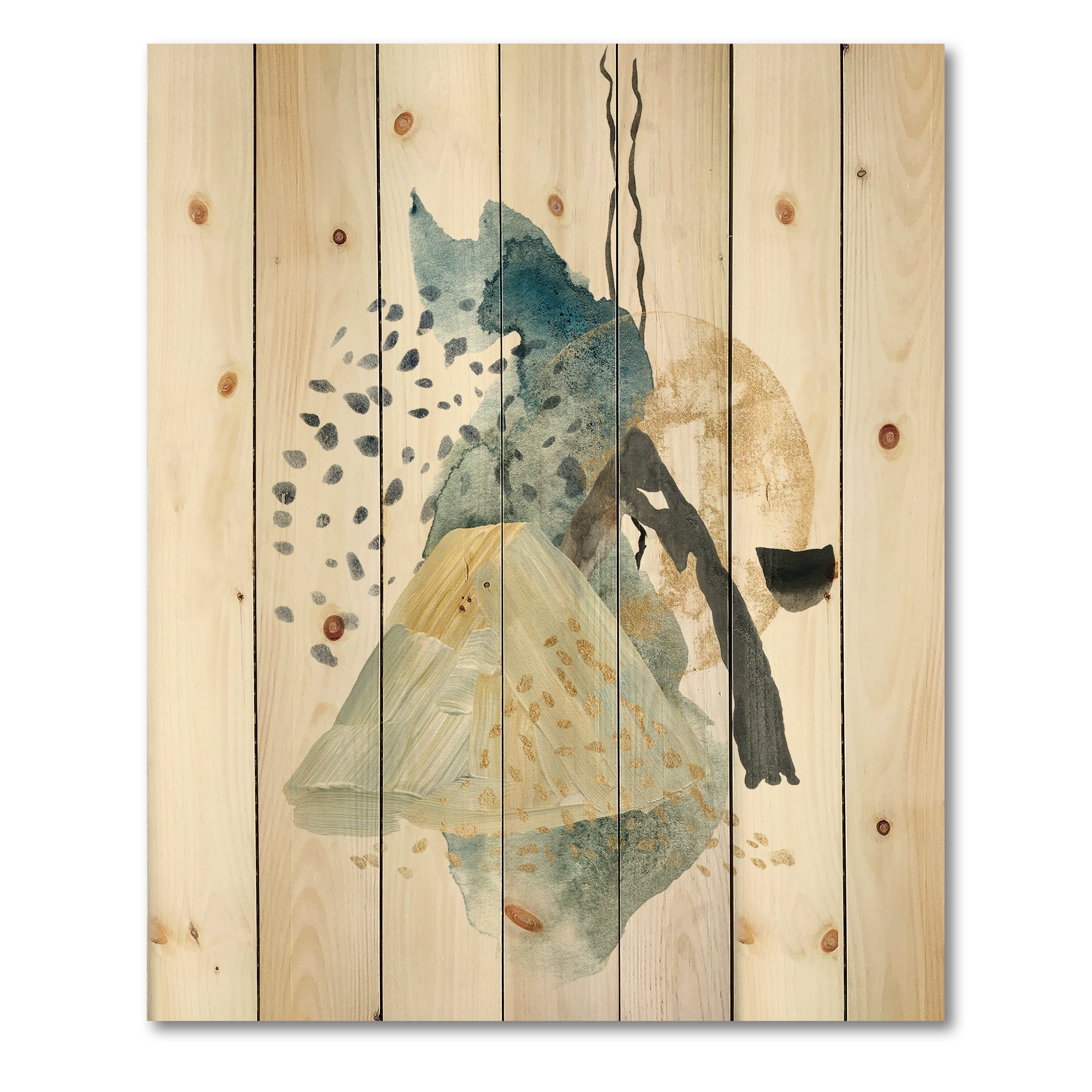 Designart 'Mountain Moon With Gouache Of Abstract Landscape' Modern Print on Natural Pine Wood