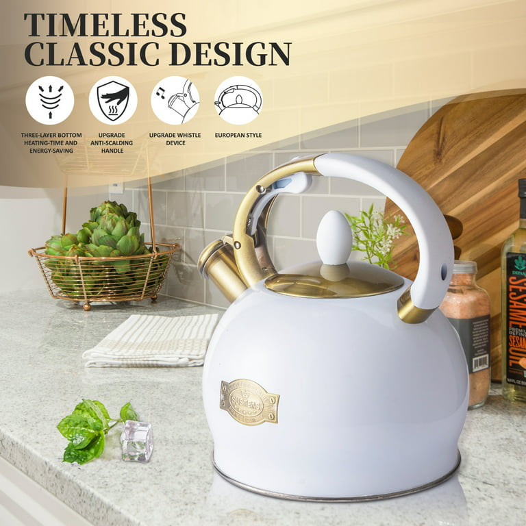 SUSTEAS Retro Tea Kettle for Stove Top, 2.64QT Whistling Teapot with  Ergonomic Handle, White