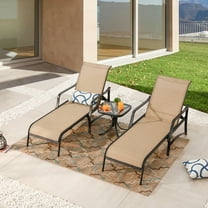 3-Piece Sling Outdoor Chaise Lounge in Beige (Adjustable Textilene Chaise Lounges and Glass Coffee Table)