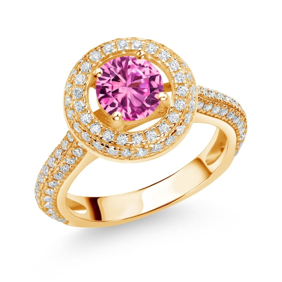 Gem Stone King 18K Yellow Gold Plated Silver Engagement Ring for Women Set with Created Sapphire and Moissanite (1.61 Cttw)