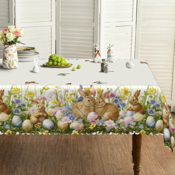 Pbobriich Spring Easter Bunny Tablecloth,Brown Easter Rabbits Eggs Seasonal Table Cover for Party Picnic Dinner Decor,60x84