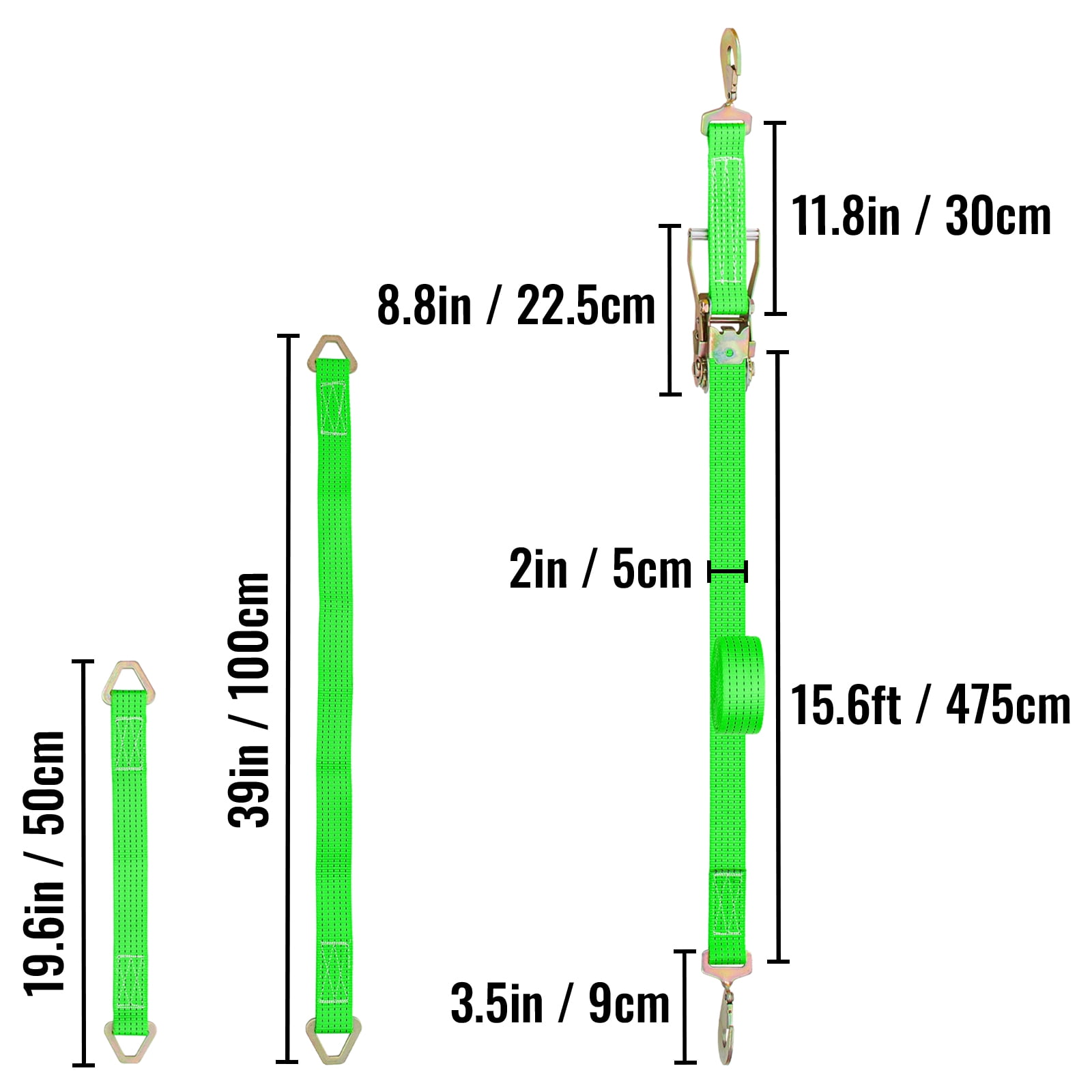 VEVOR Ratchet Tie Down Strap, 15.6ft x 2in Polyester Ratchet Strap 4000 lbs Working Load, 12 PCs Heavy Duty Car Strap w/ Double Hooks, Car Tie Down Strap with Chain Anchors, Security Fastening, Green