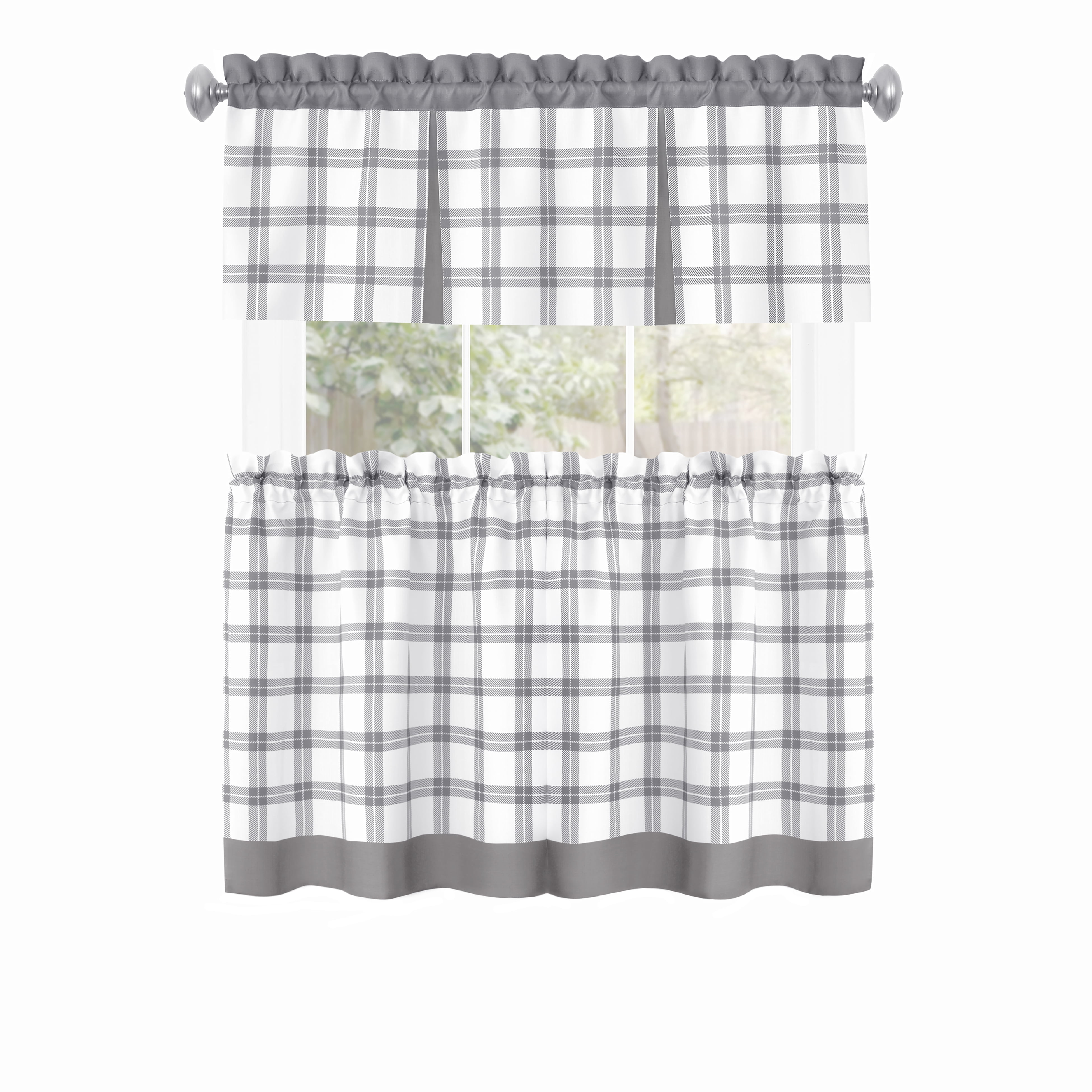 Achim Tate Plaid Light Filtering Tier and Valance Curtain Set, Grey, 58" x 36"