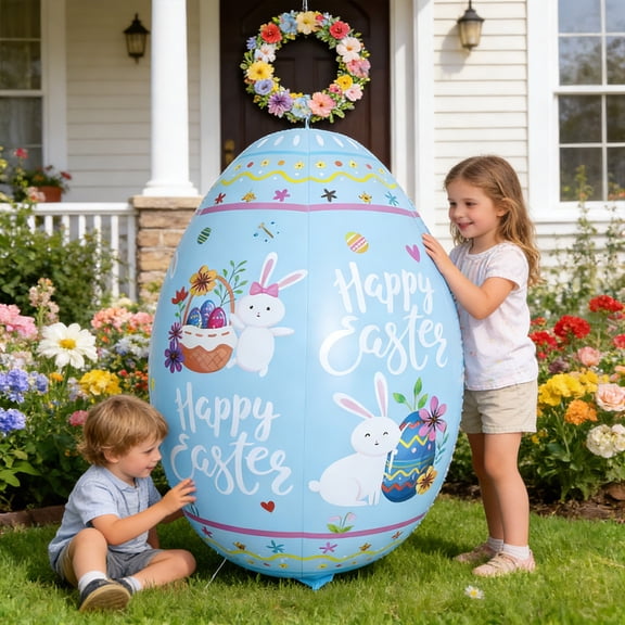 Giant Inflatable Easter Egg Decoration - Blue PVC Bunny Pattern Yard Art, Weatherproof Outdoor Lawn Ornament for Garden Patio Party, Reusable Spring Holiday Inflatable Decor for Kids