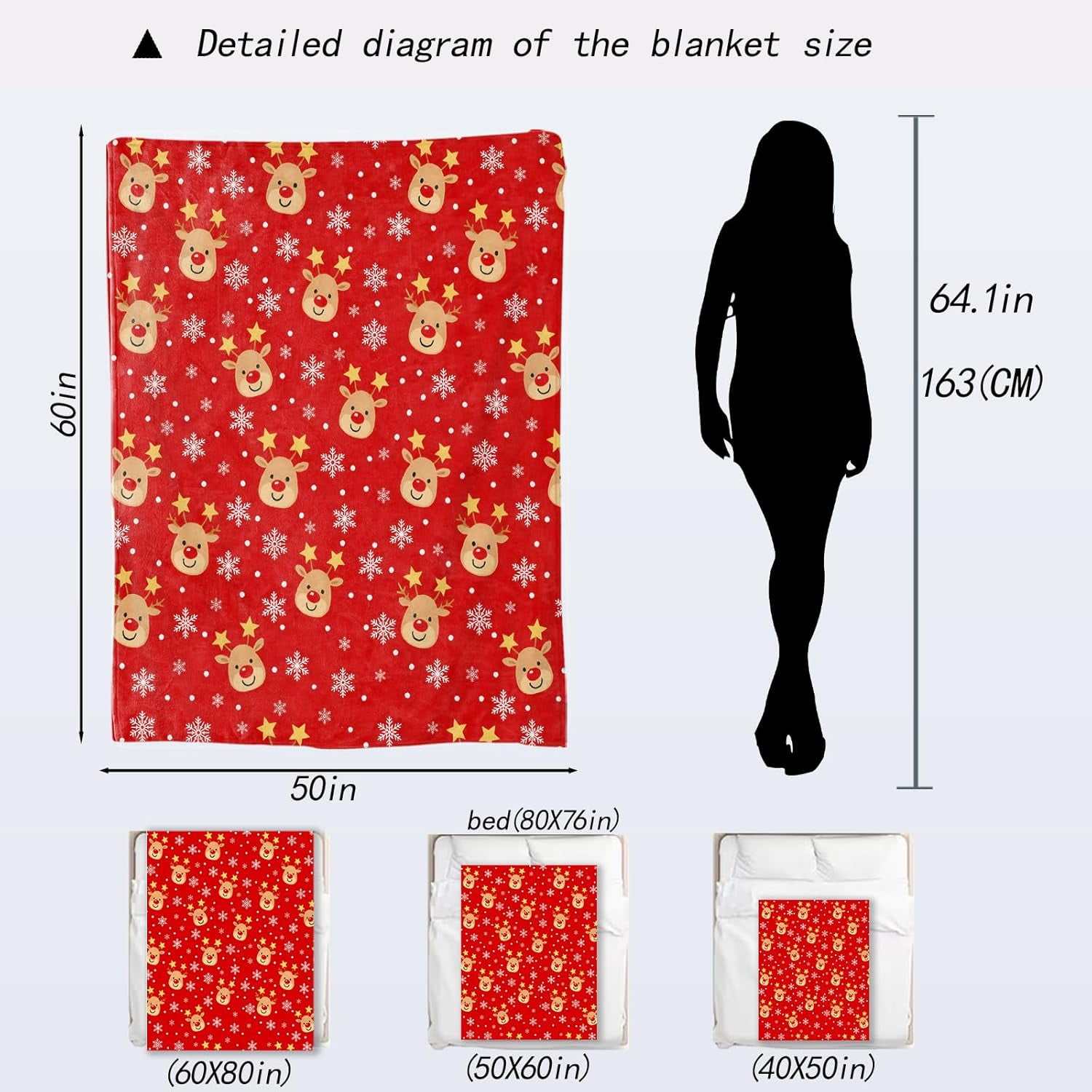 Cute Reindeer Christmas Decorative Blanket, Snowflake Print Decoration, Soft Flannel Winter Red Blankets for Couch Bed Sofa, Holiday Home Decor, Xmas Festival Gifts 60x80 Inch