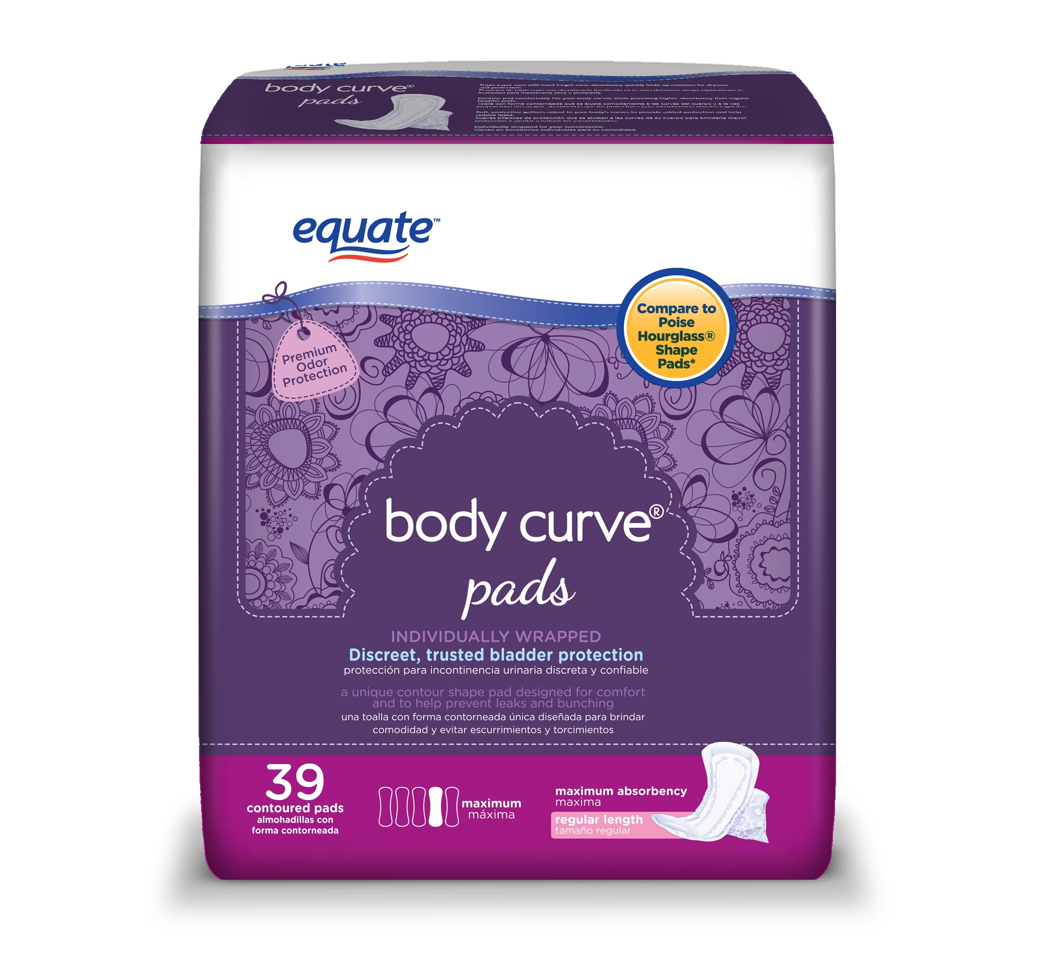 Equate Options Incontinence Pads for Women, Maximum, Regular, 39 Count