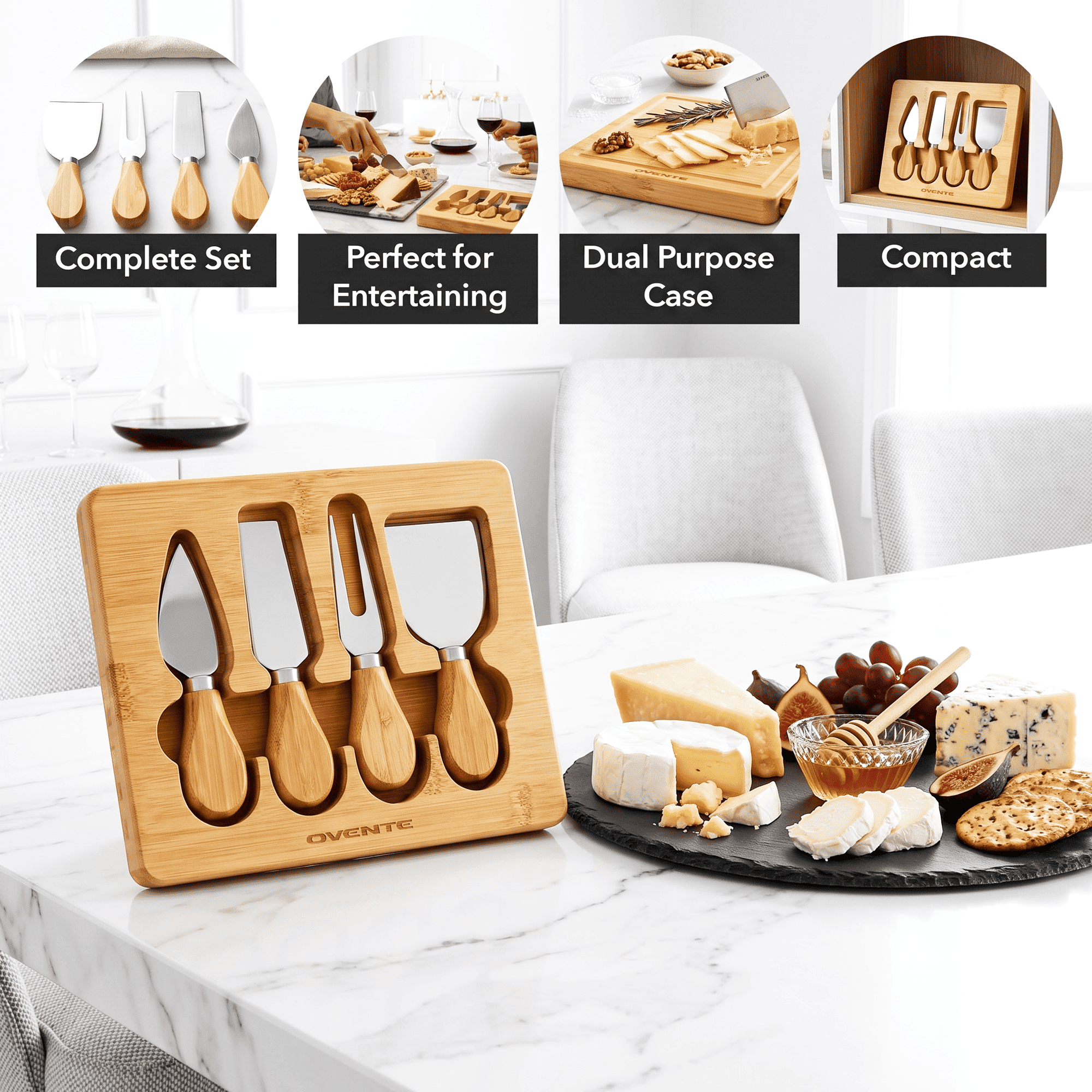 OVENTE 4-Piece Cheese Knife Set with Bamboo Handle, Brown KCS5974B | Complete Stainless Steel Charcuterie Knives w/ Wooden Case, Ideal Fromage Slicer, Spread & Butter Cutter for Party & Gift