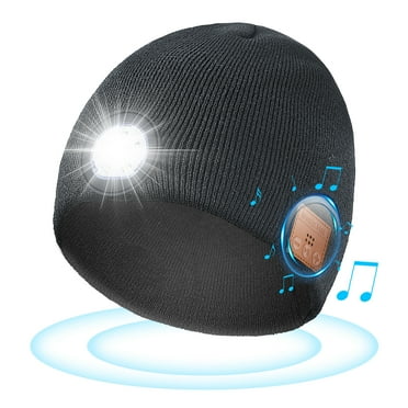 Bluetooth Beanie  with Light, Peatop Unisex Beanie Hat with 5 Led Headlamp for Outdoor , Black Lighted Cap for 10  Ages Birthday Gift  for Men Women