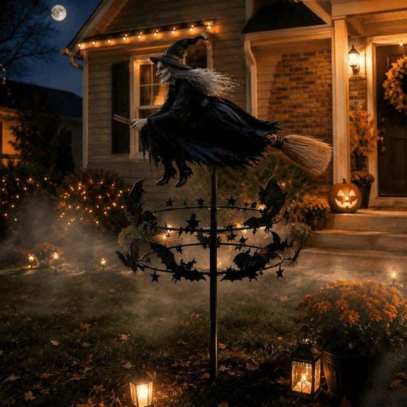 The Enchanted Witch Garden Wind Spinner Outdoor Halloween Decorations Witch Bat Wind Spinner Yard Decor Lawn Ornament Garden Stake Seasonal Outdoor Display