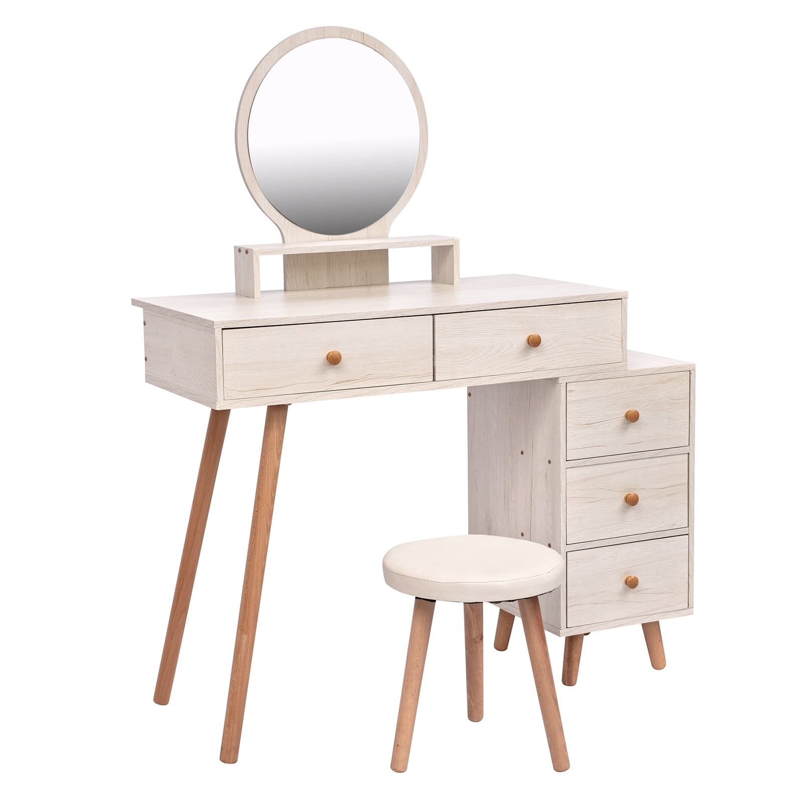AENKYO Vanity Table Set with Stool, 5-Drawer Makeup Dresser, Modern Beauty Desk for Bedroom, Girls & Women, White Vanity with Stool - White