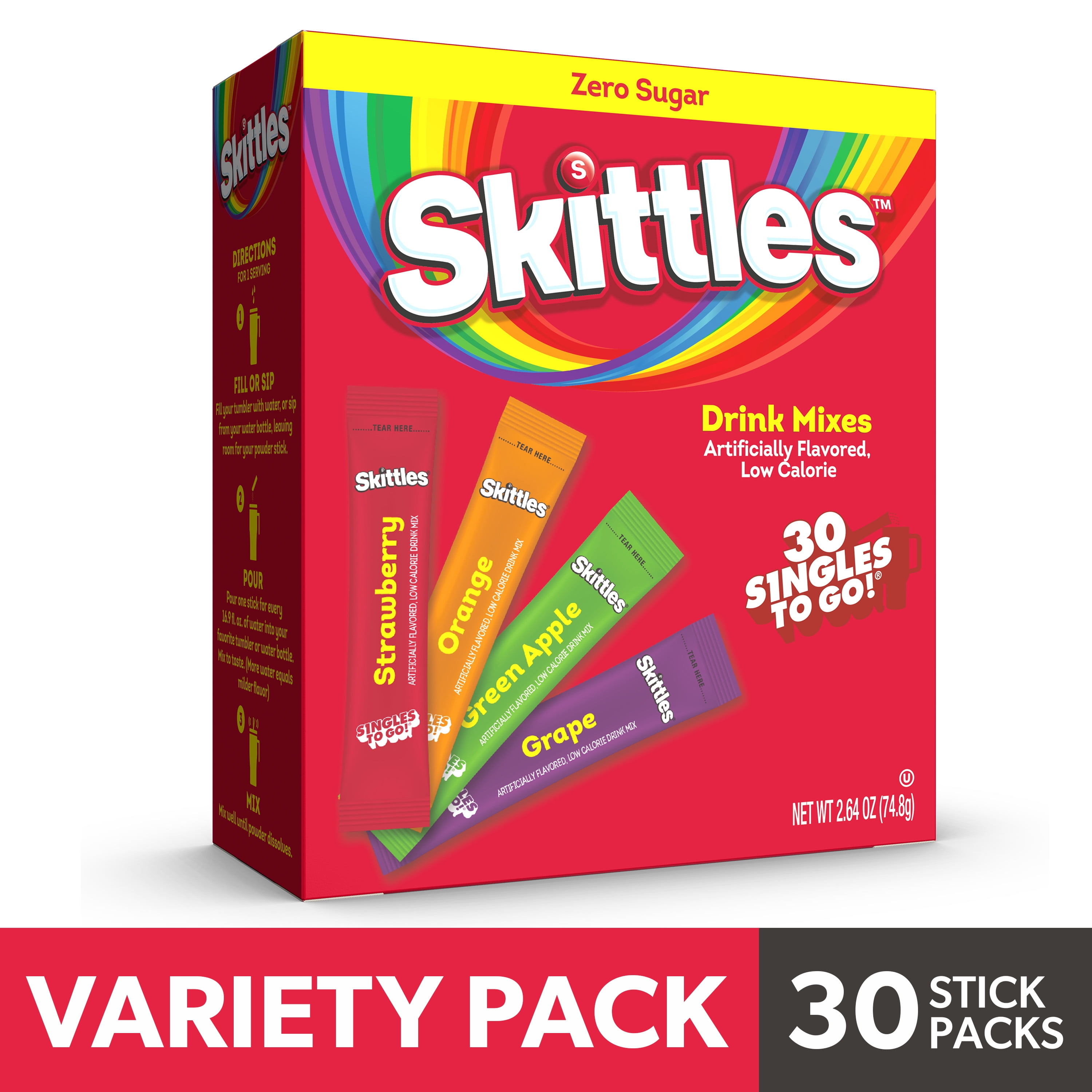 (3 pack) Skittles Zero Sugar Variety Pack Singles-to-Go Powdered Drink Mix, Original, 30 Count Packets