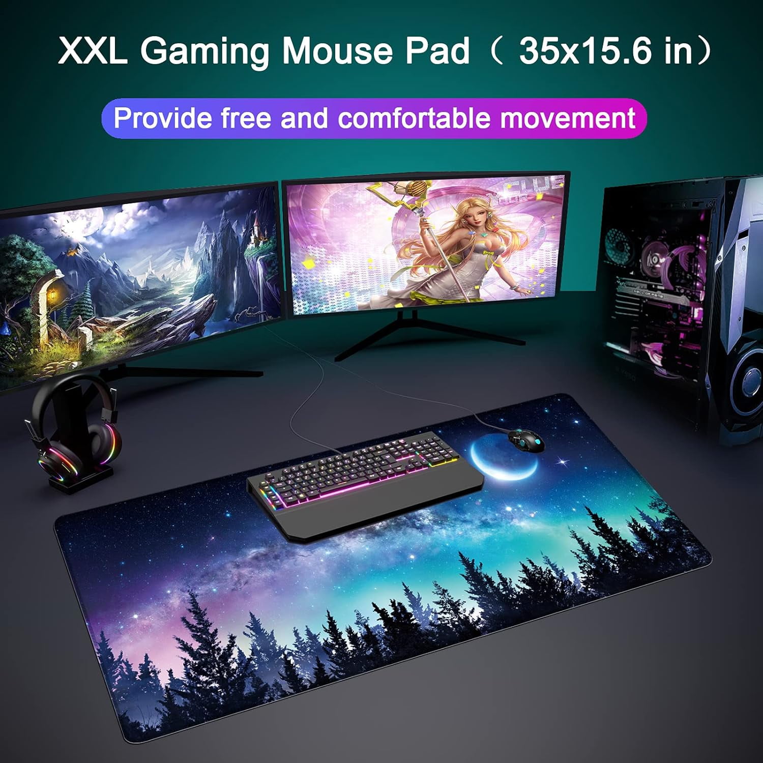 Desk Mat,Large Mouse Pad 35''×15.6''×0.12'' XXL Extended Gaming Mouse Pad Mat with Non-Slip Base Stitched Eges Mousepad for Computer,Office,Keyboard and Laptop - Forest Moon