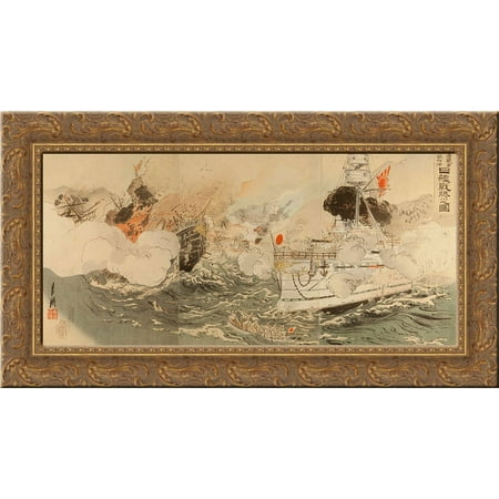 Sino-Japanese War The Japanese Navy Victorious Off Takushan 24x14 Gold Ornate Wood Framed Canvas Art by Ogata Gekko