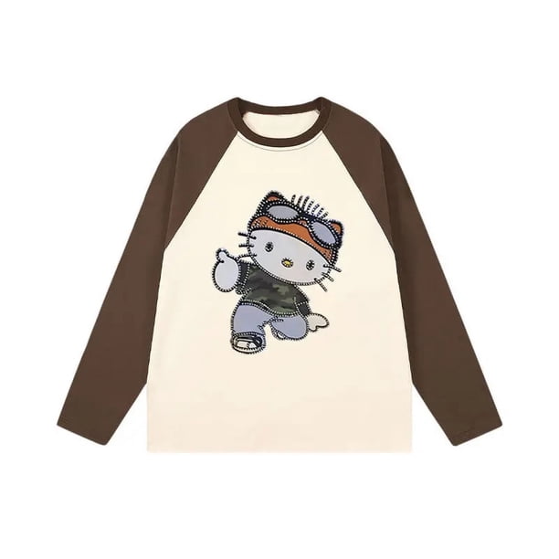 Camiseta de manga larga con diseño divertido de Sanrio Hello Kitty Hip Hop Splicing, ropa de calle para mujer, top de dibujos animados, tendencia gótica, tops emo Y 2k
