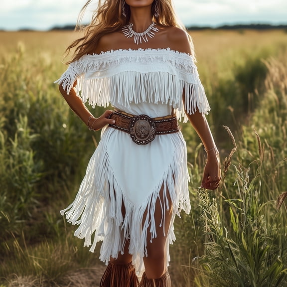 Women Western Off Shoulder Fringe Midi Dress Tassel Trim Leather Belt Asymmetrical Hem Cowgirl Dress