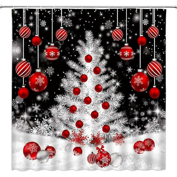 Small Stall Shower Curtain,Christmas Red Xmas Ball Tree White Snowflake Winter Holiday Festival Black Rustic Farmhouse RV Bathroom Home Curtain Decor with Hooks,36" Wx70 H