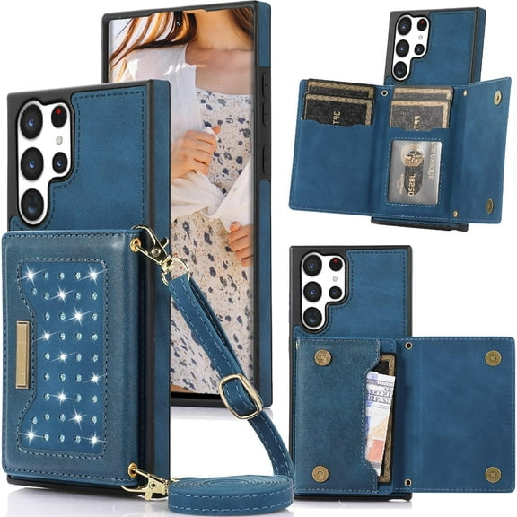 for Samsung Galaxy S23 Ultra (Not S23) Crossbody Wallet Case for Women, Bling Glitter PU Leather Phone Case with RFID Blocking Card Holder Cover for Samsung Galaxy S23 Ultra SZ Blue