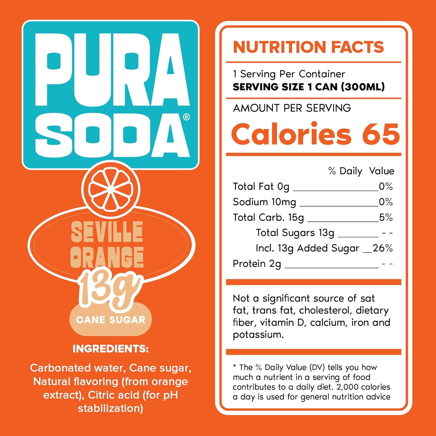 PuraSoda® Seville Orange | Low-Calorie, Cane Sugar Soda, Beverage | Non-GMO, Vegan | Made with Pure Cane Sugar, No Preservatives | 10.1 fl oz (300ml) Cans, 24-Pack